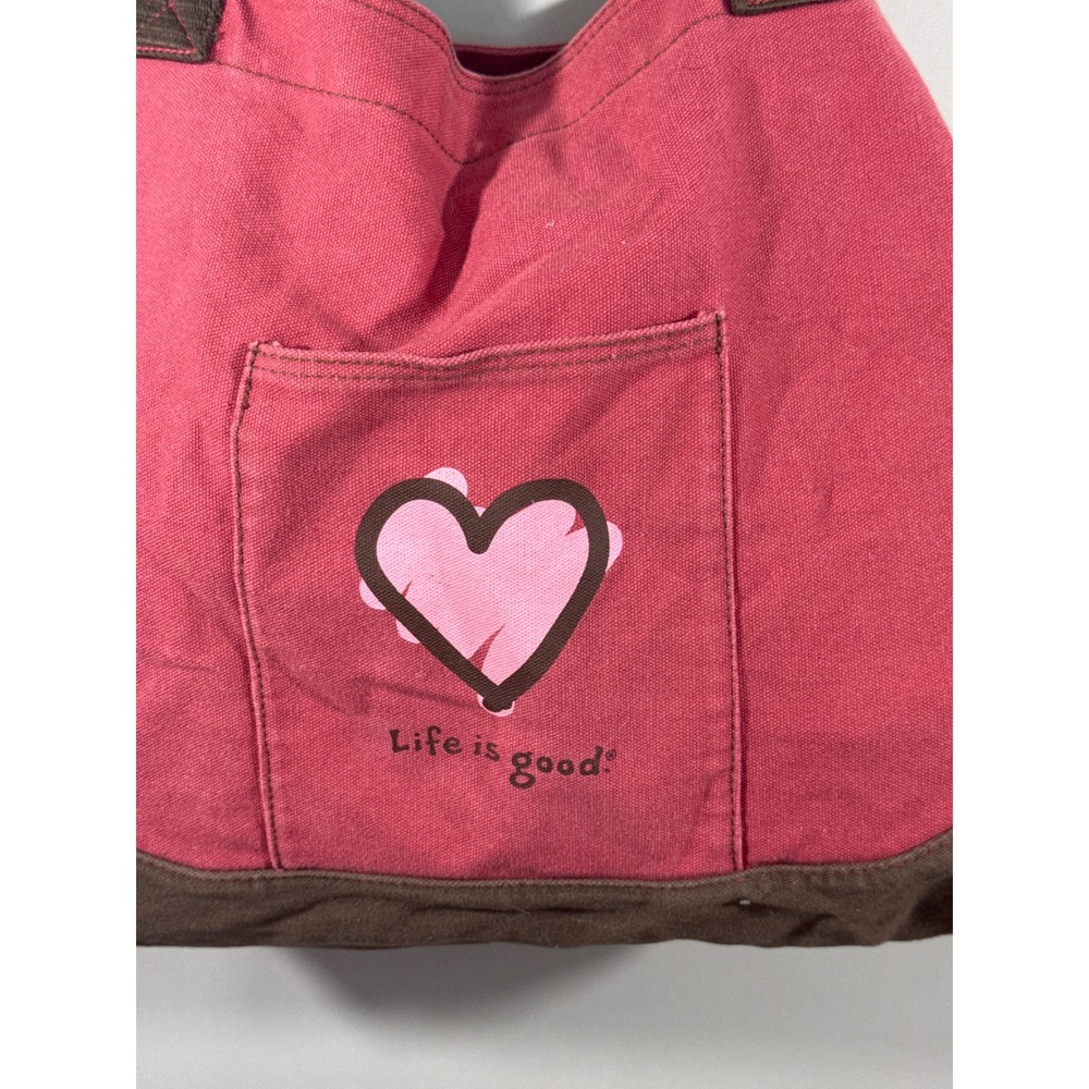 Life is Good Red Brown‎ 100 % Cotton Canvas Heart Graphic Tote Shoulder Bag - Picture 2 of 9